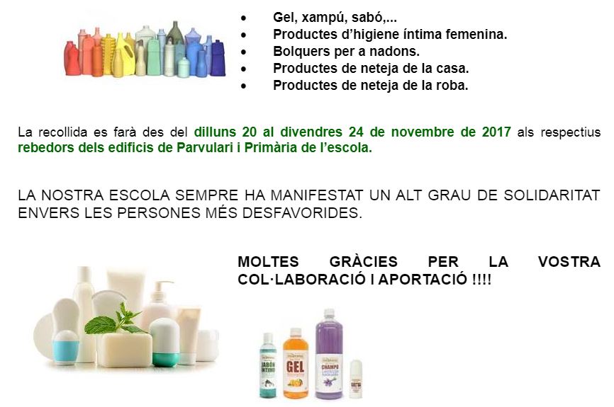 CAMPANYA SOLIDÀRIA DE RECOLLIDA DE PRODUCTES DE NETEJA I D’HIGIENE PERSONAL