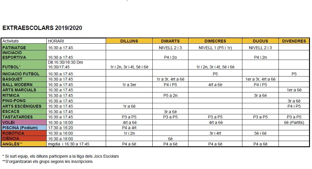 JA TENIM TOTA LA INFORMACIÓ DE LES EXTRAESCOLARS PER AL CURS 2019 2020!